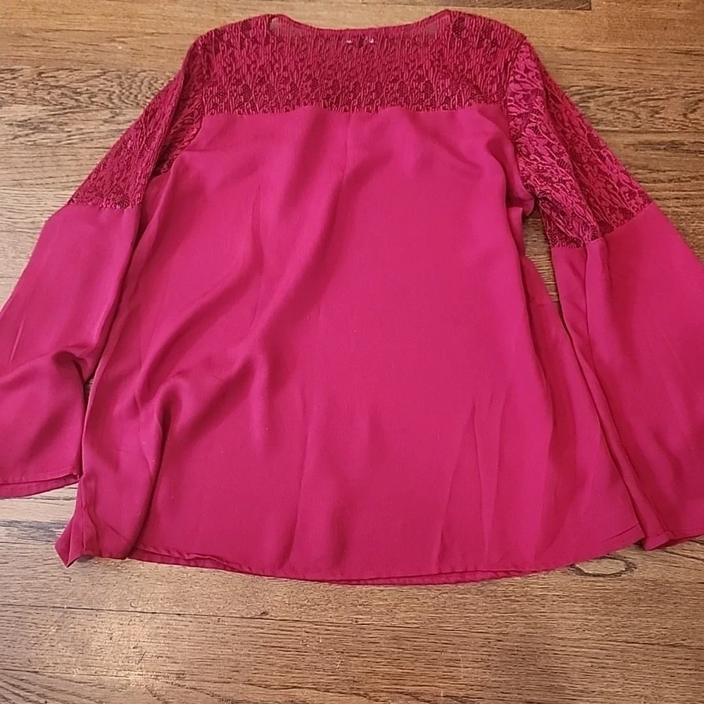 Roz & Ali Maroon Red Lace Women Top Size Large Bell Sleeve Fairy Whimsical Flowy - Picture 13 of 14